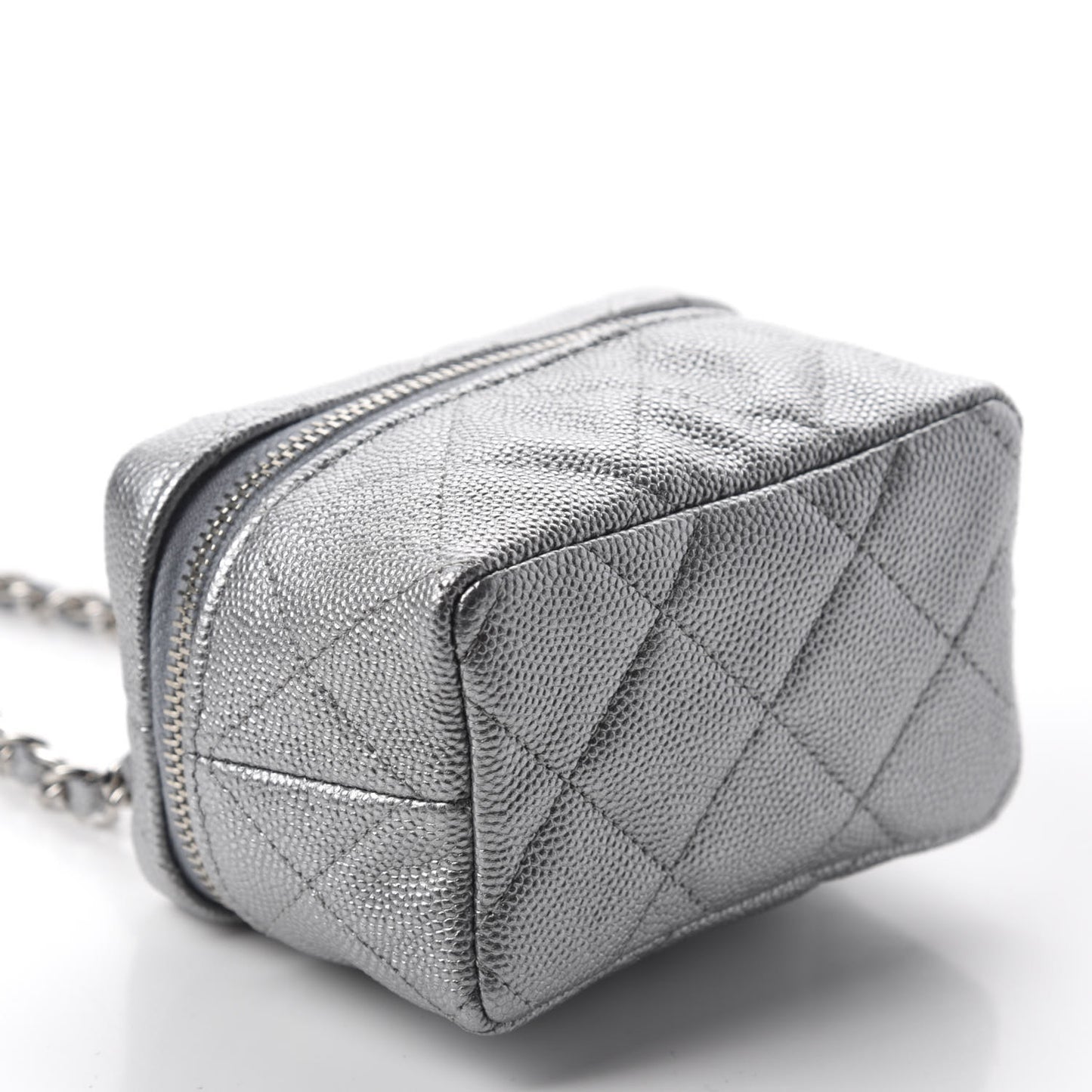 Metallic Caviar Quilted Mini Top Handle Vanity With Chain Silver