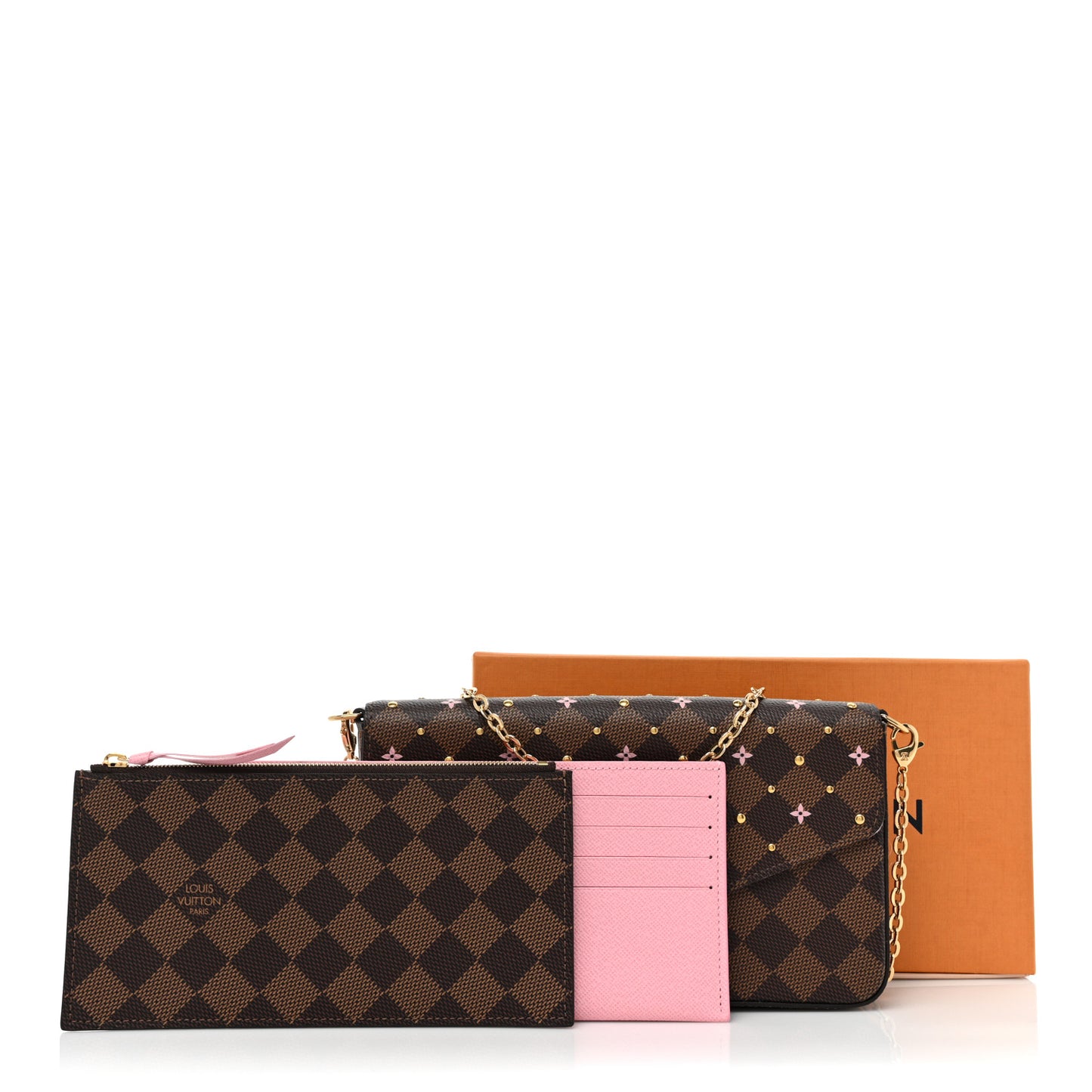 Damier Ebene Studded Pochette Felicie Chain Wallet