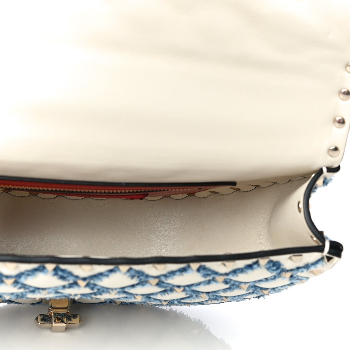 Nappa Denim Medium Rockstud Spike Halfmoon Saddle Bag Ivory Blue