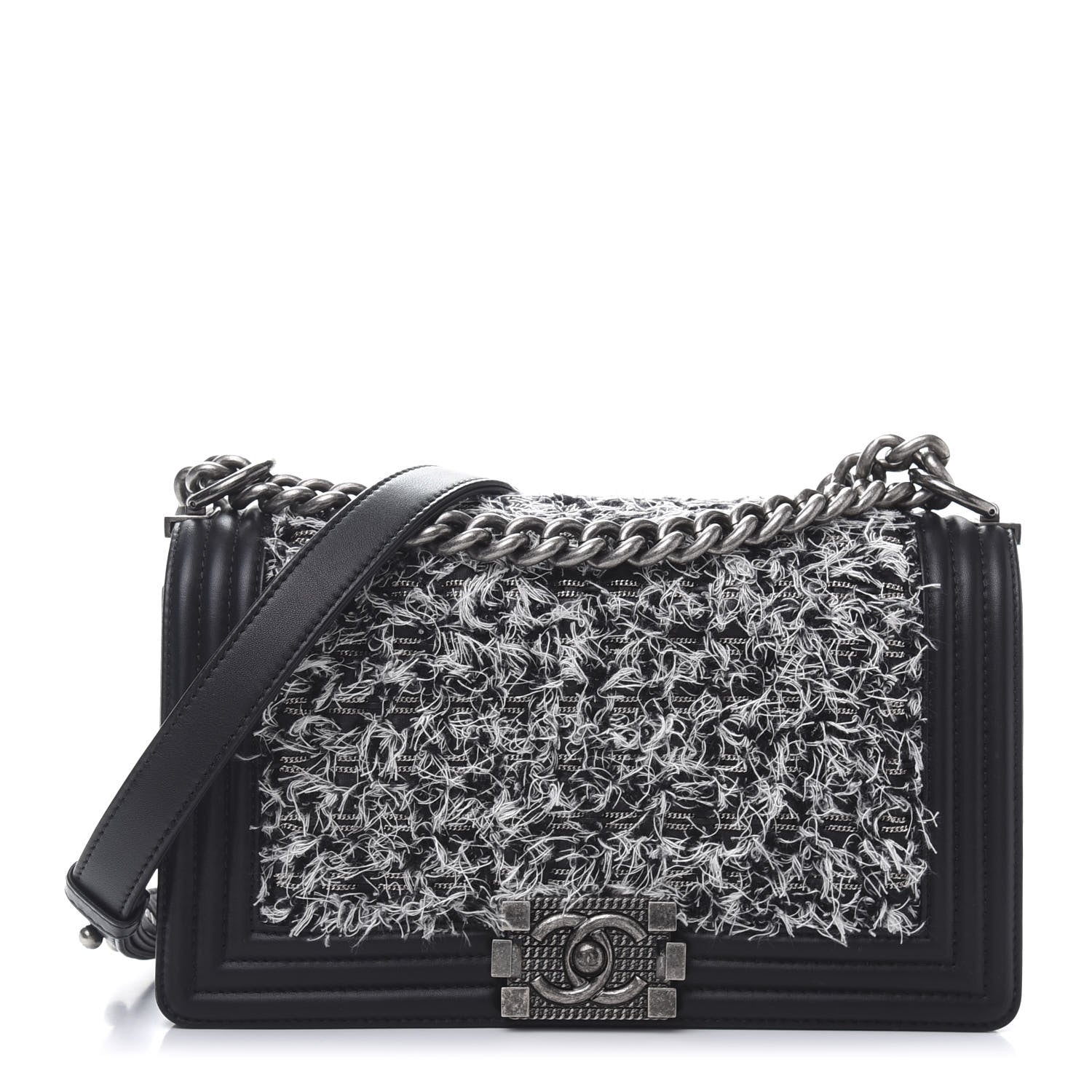 Chanel Tweed Calfskin Medium Boy Flap Black White 1 of 11
