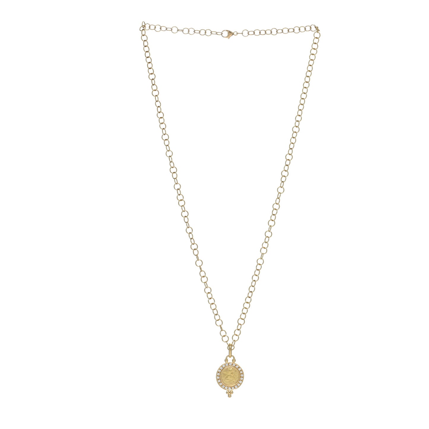 18K Yellow Gold Diamond 10mm Pave Angel Pendant Link Chain Necklace