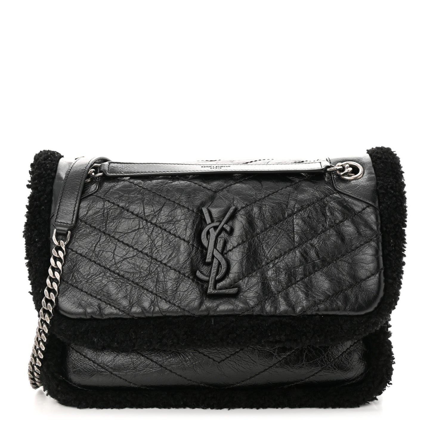 Crinkled Calfskin Shearling Monogram Medium Niki Chain Satchel Black
