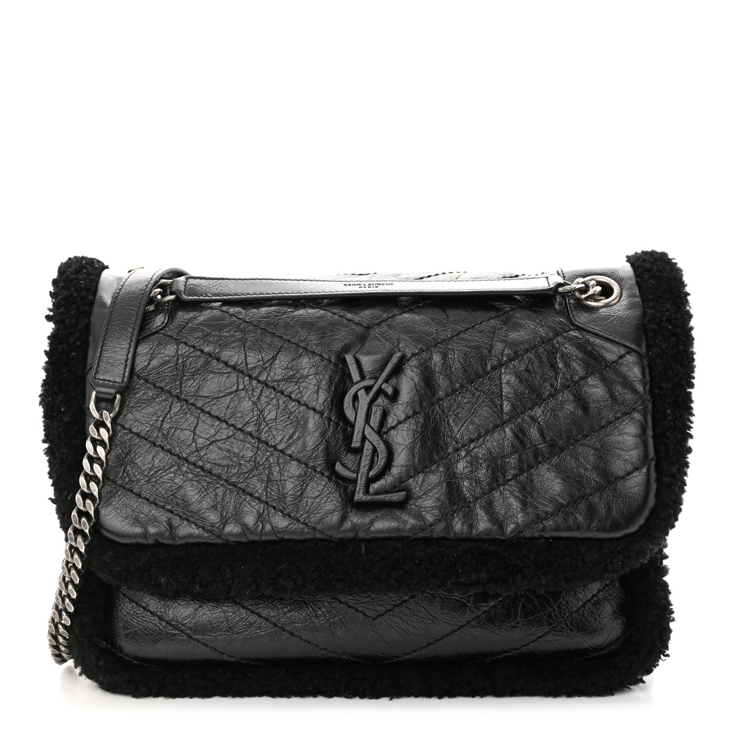 Saint Laurent Crinkled Calfskin Shearling Monogram Medium Niki Chain Satchel Black 1 of 11