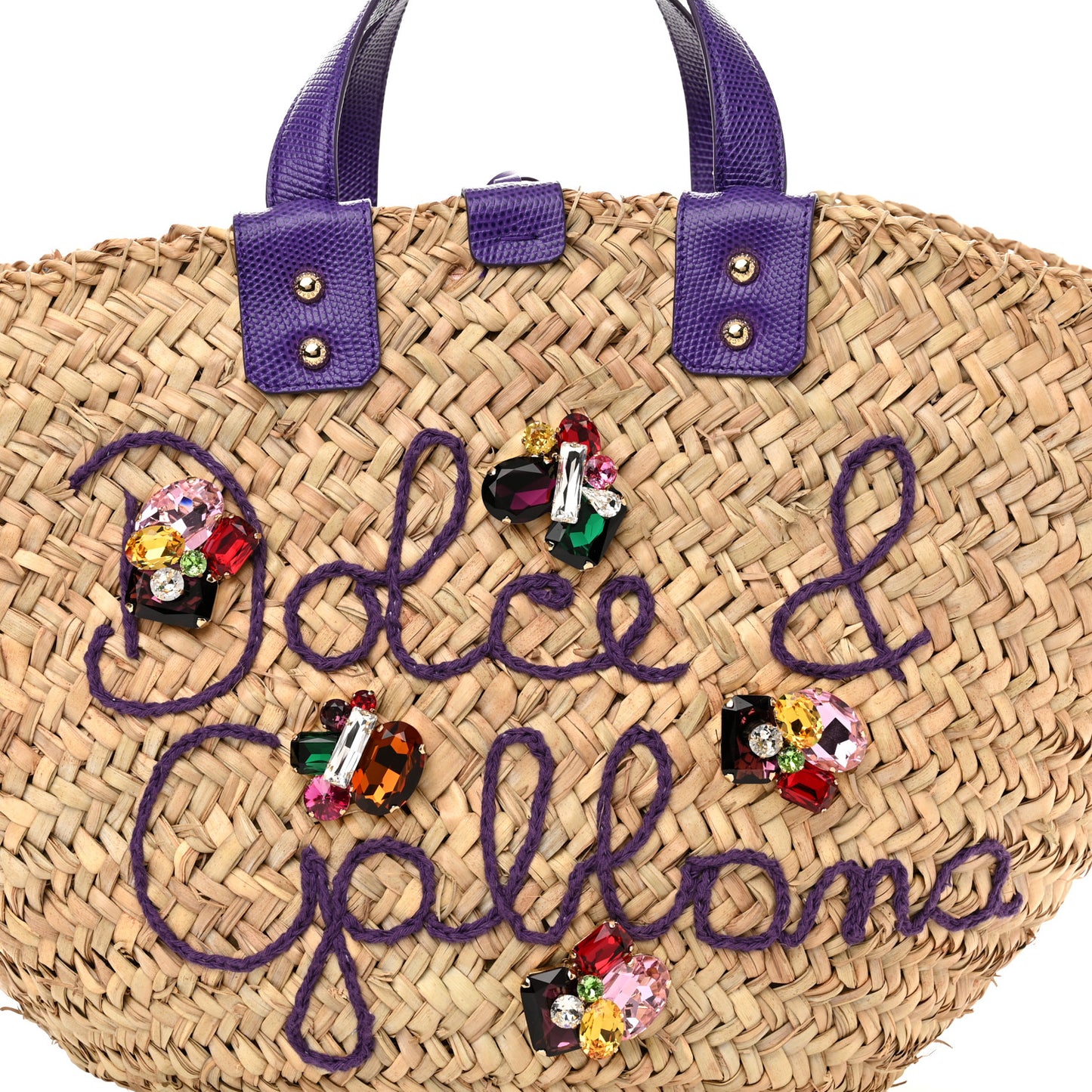 Woven Raffia Calfskin Lizard Embossed Crystal Embellished Kendra Logo Tote Violet Multicolor