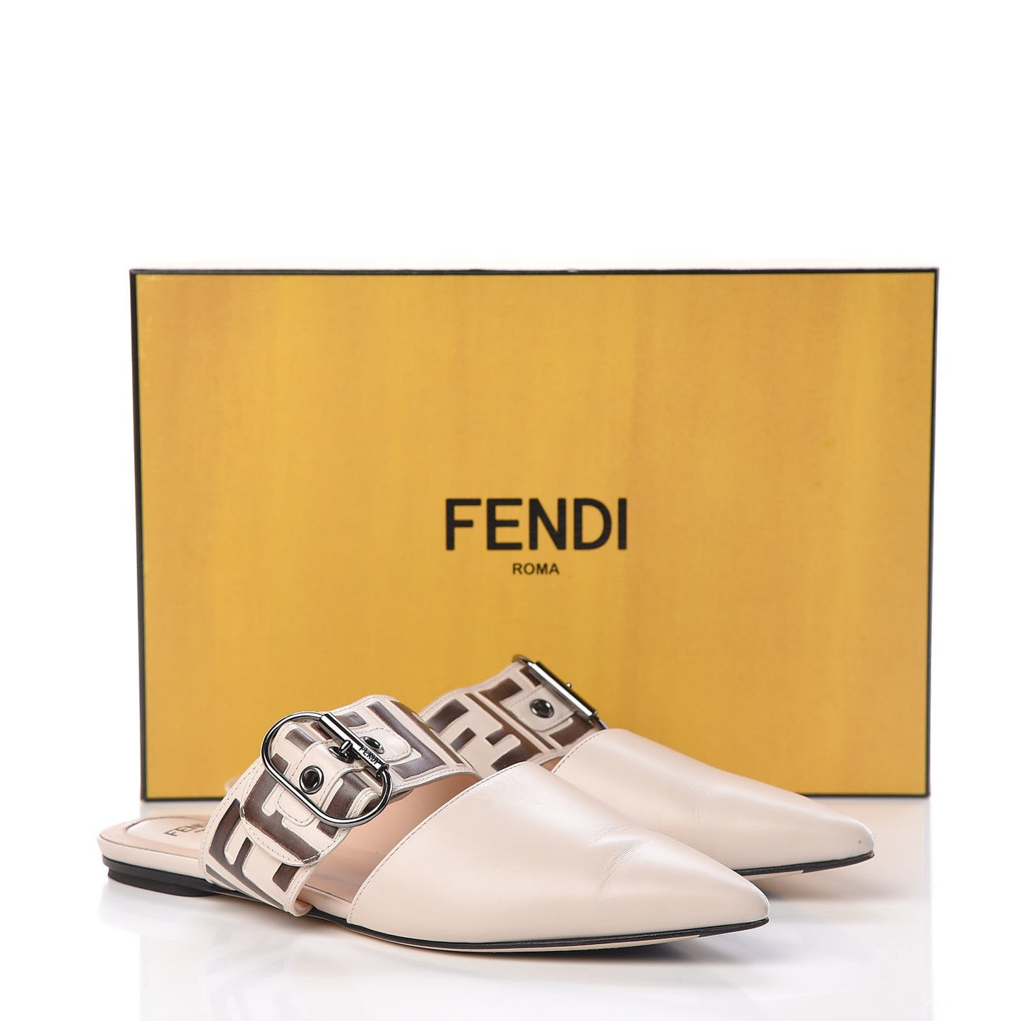 Vitello FF Embossed Buckle Flat Mules 36.5 Camelia Moresco