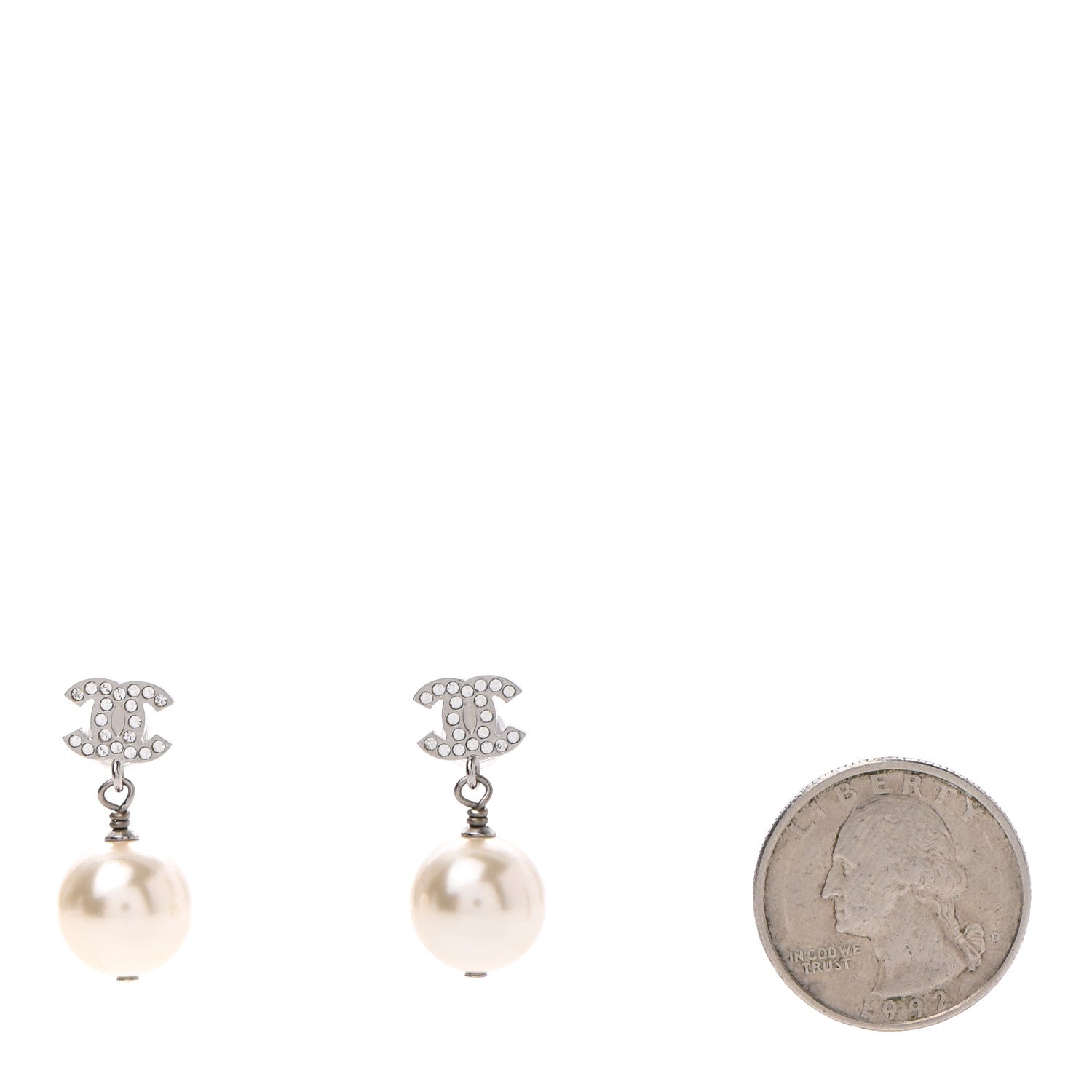 Chanel Crystal Pearl CC Drop Earrings Silver 2 of 4