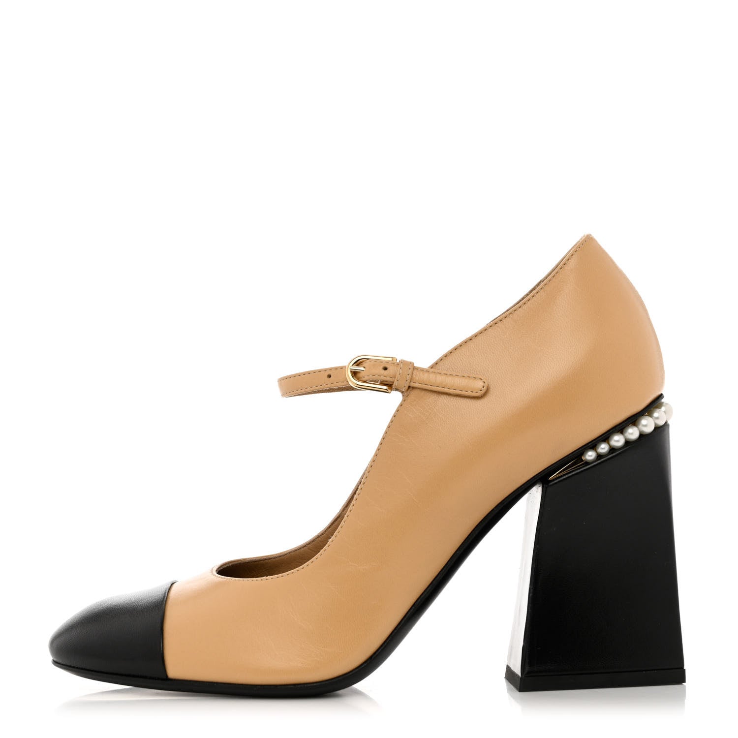 product image of CHANEL Shiny Goatskin Pearls Open Cap Toe Slingback Pumps 40 Beige Black FASHIONPHILE