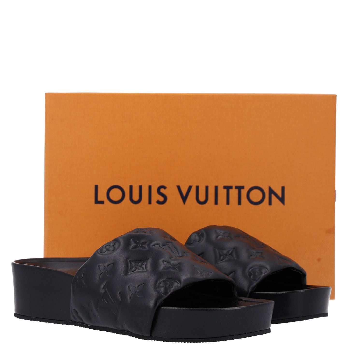 Lambskin Embossed Monogram Jumbo Flatform Mule Sandals 40 Black