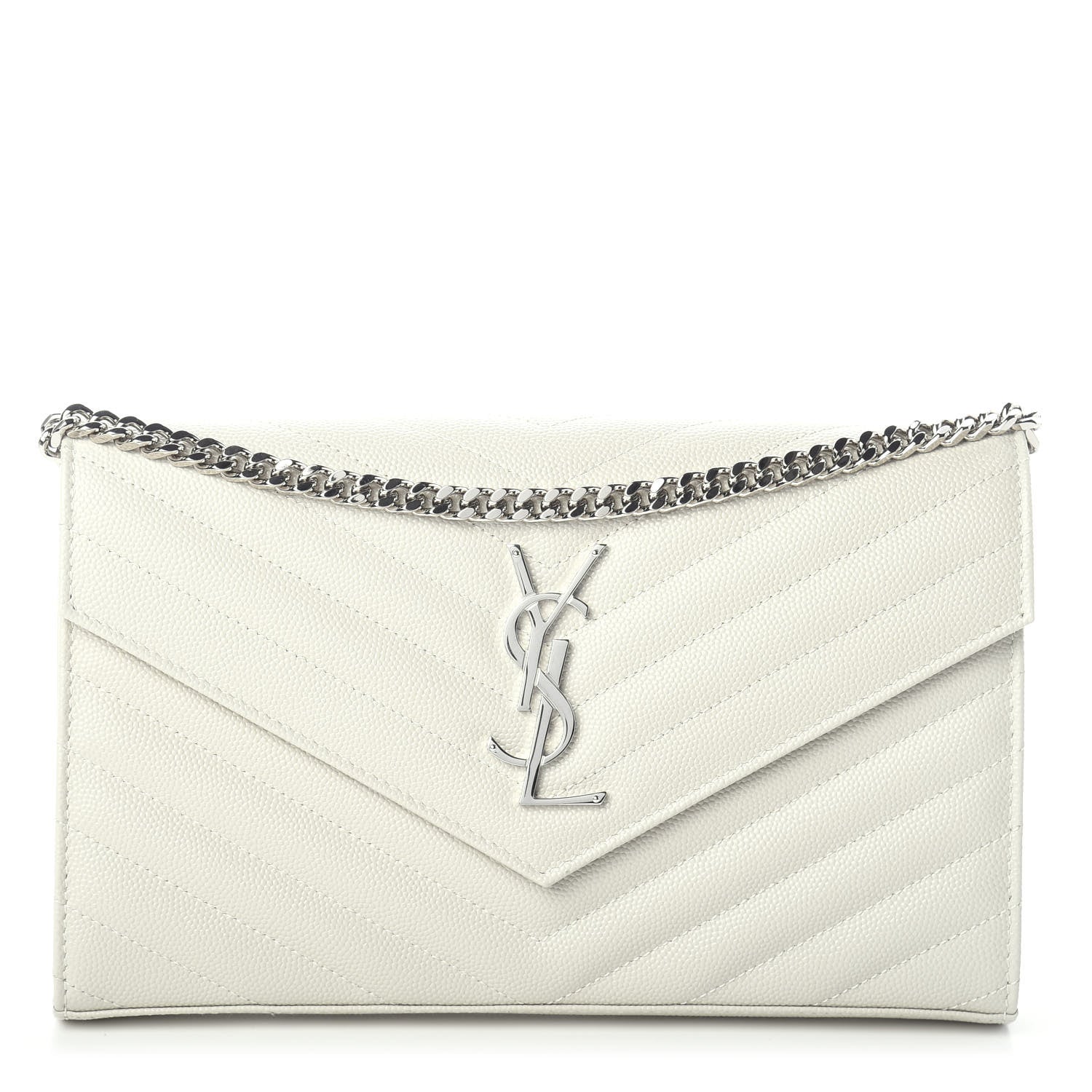 Saint Laurent Grain De Poudre Matelasse Chevron Monogram Chain Wallet Icy White 1 of 8