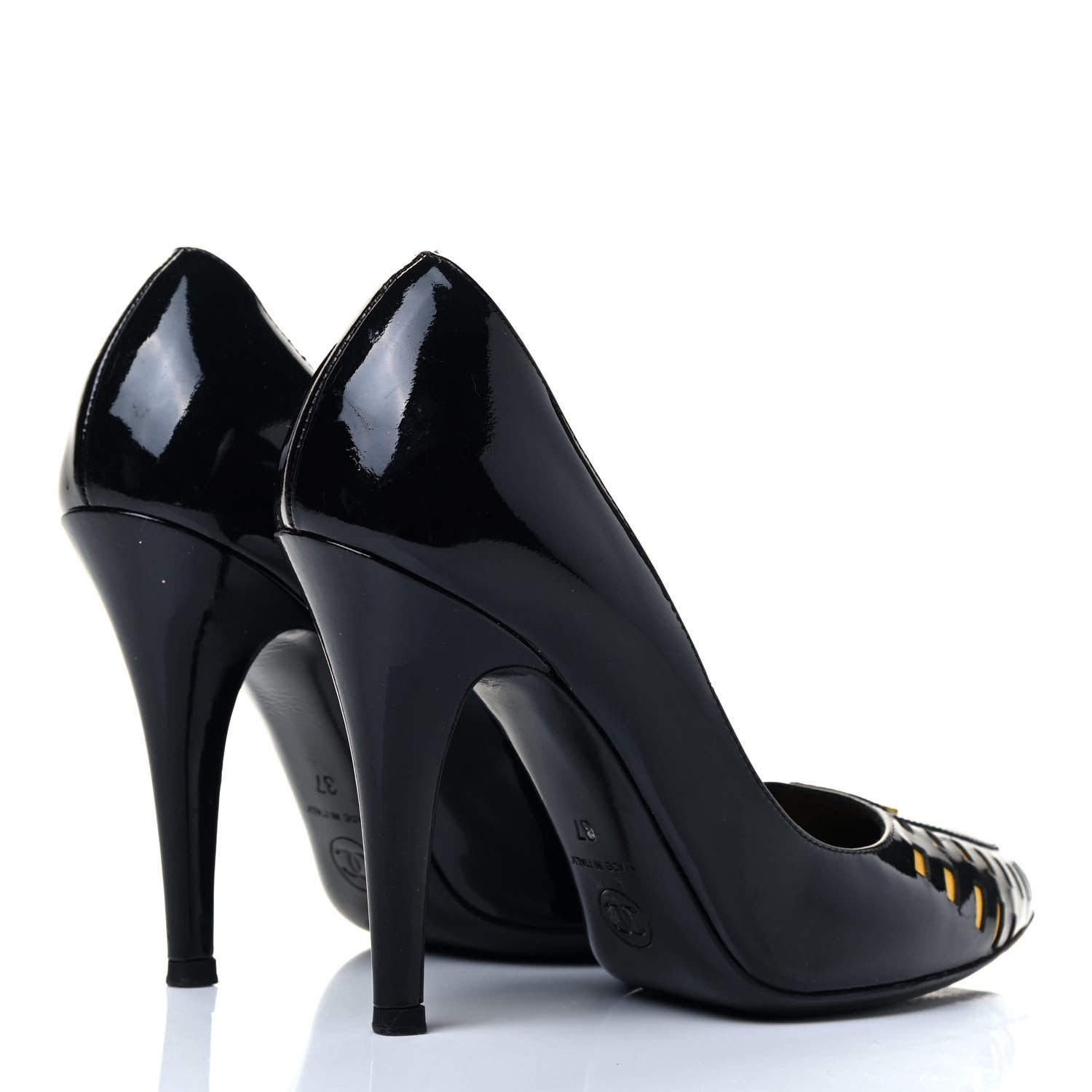 Chanel Patent Cut Out CC Pumps 37 Black Yellow 4 of 6
