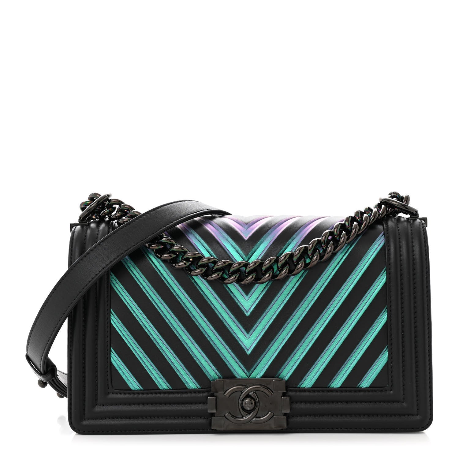 Chanel Calfskin Painted Chevron Embossed Medium Boy Flap Black 1 of 10