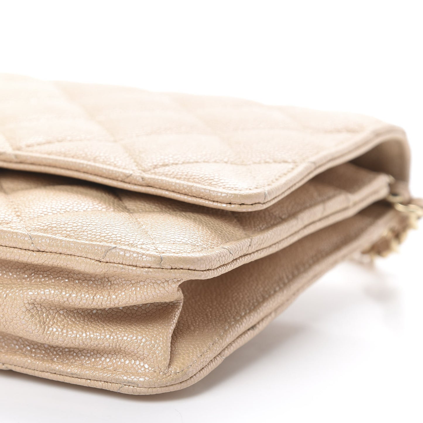 Iridescent Caviar Quilted Wallet On Chain WOC Beige