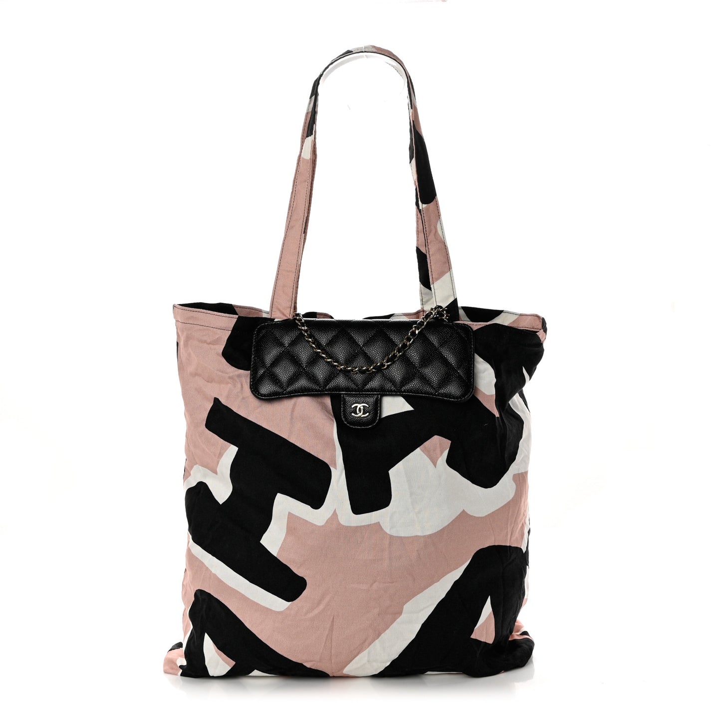 Jersey Fabric Quilted Foldable Tote With Chain Black Multicolor