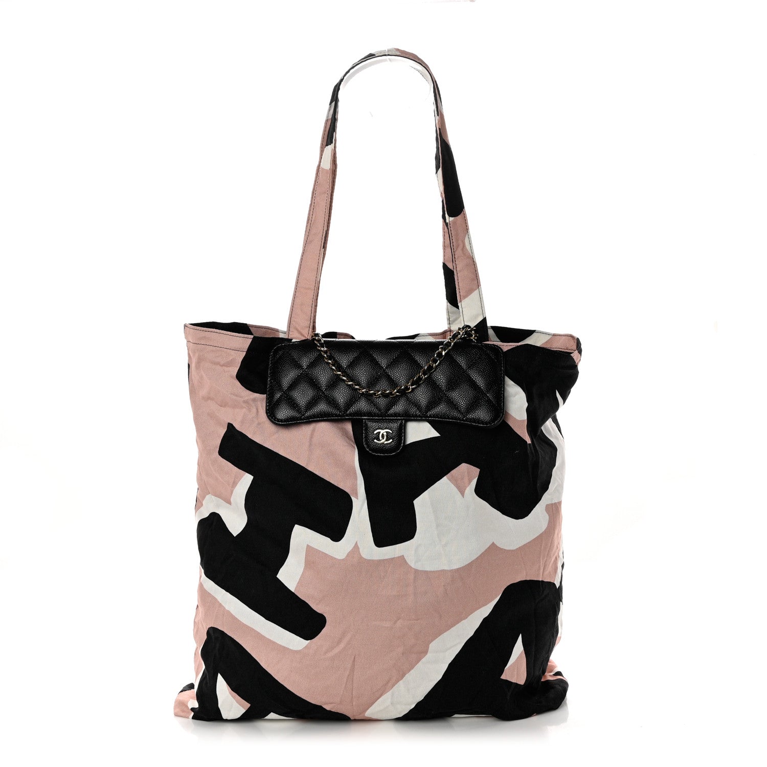 Chanel Jersey Fabric Quilted Foldable Tote With Chain Black Multicolor 1 of 17