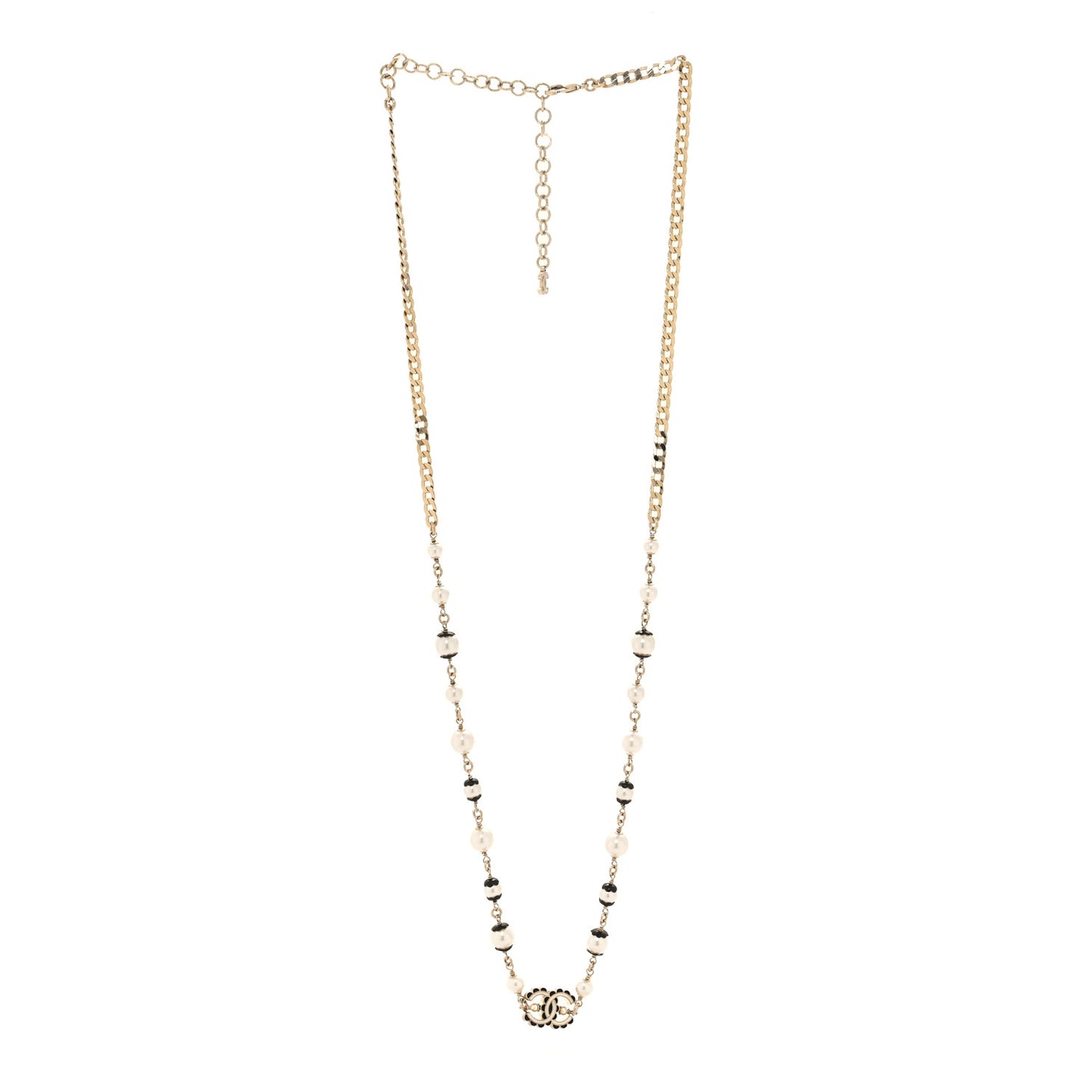 Metal Enamel Pearl CC Necklace Gold Black White