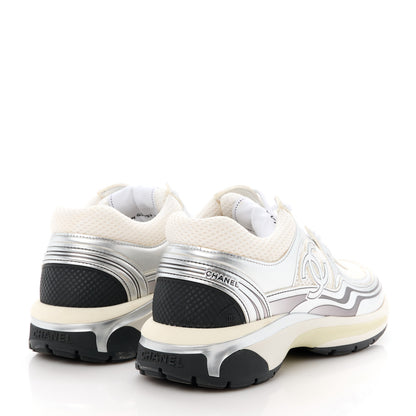 Chanel Fabric Laminated Calfskin Stretch CC Womens Sneakers 38 White Silver 4 of 9