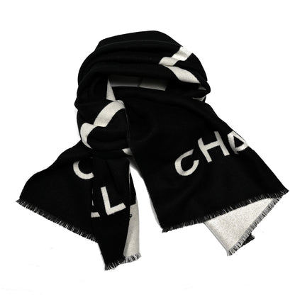 Chanel Cashmere CC Fringe Stole Black White 1 of 3