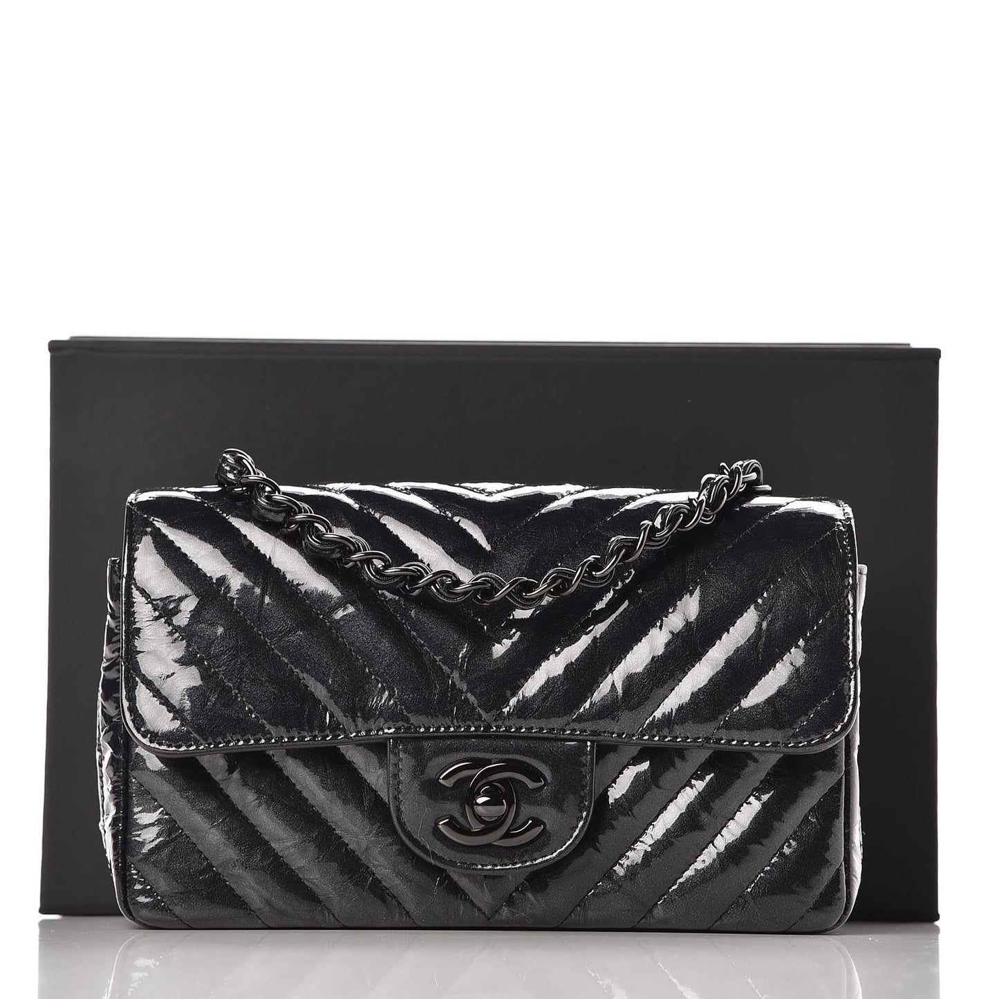 Patent Metallic Crumpled Calfskin Chevron Quilted Mini Rectangular Flap So Black