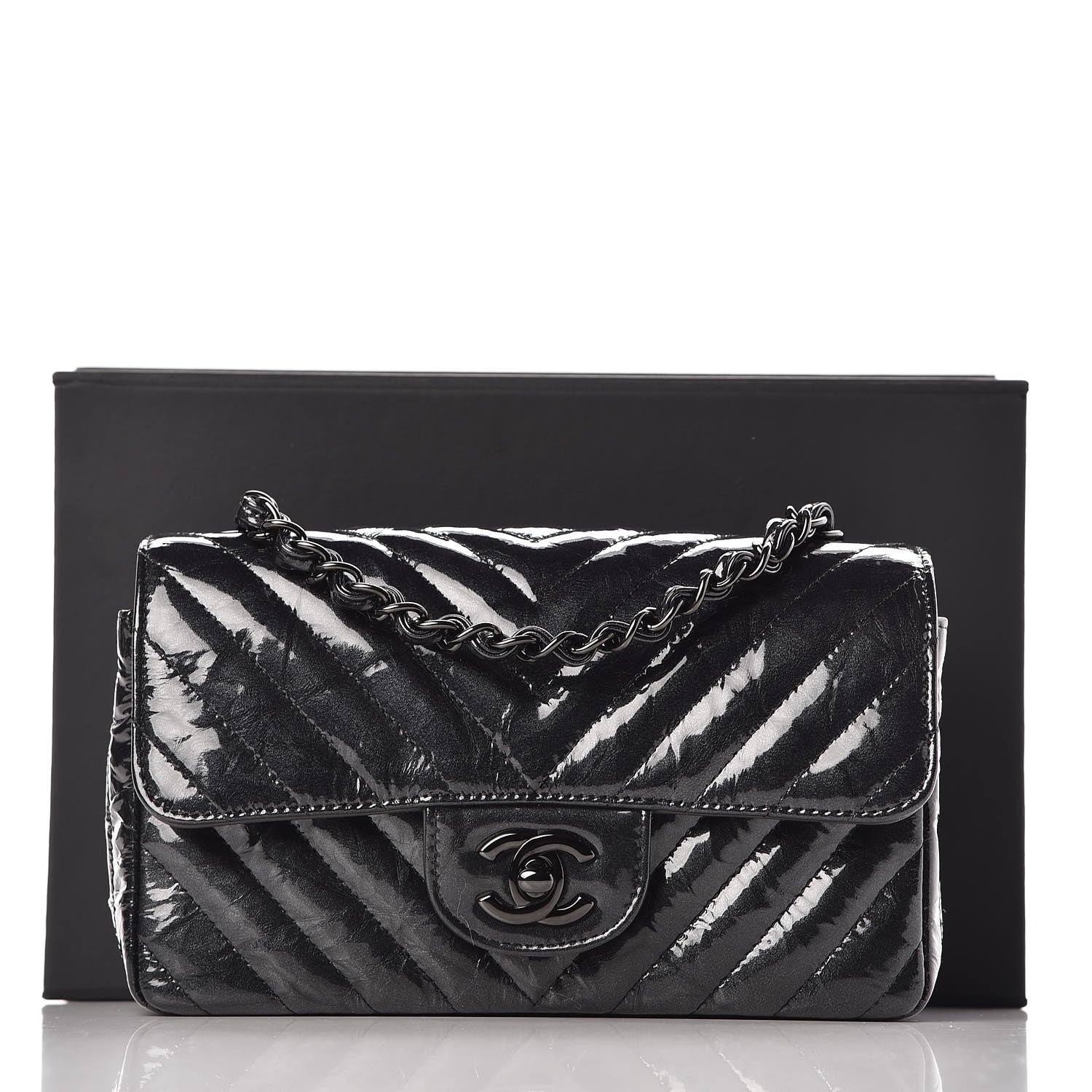 Chanel Patent Metallic Crumpled Calfskin Chevron Quilted Mini Rectangular Flap So Black 7 of 7