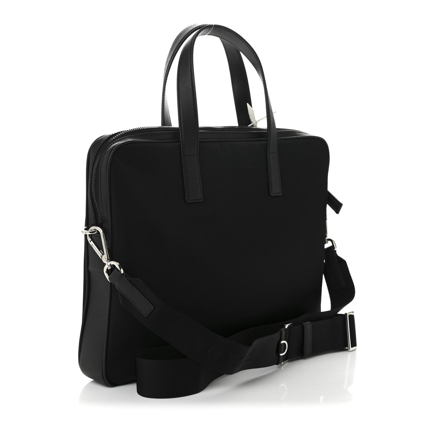 Re-Nylon Saffiano Metal Triangle Logo Briefcase Black