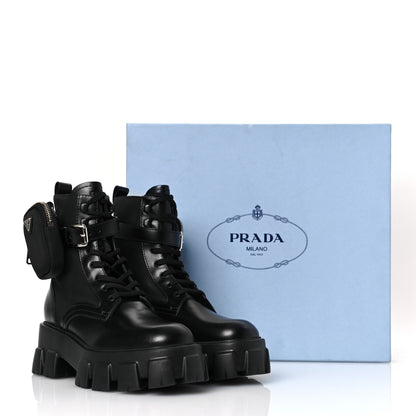 Prada Spazzolato Rois Nylon Metal Triangle Logo Monolith Pouch Pocket 55mm Boots 38 Black 11 of 11