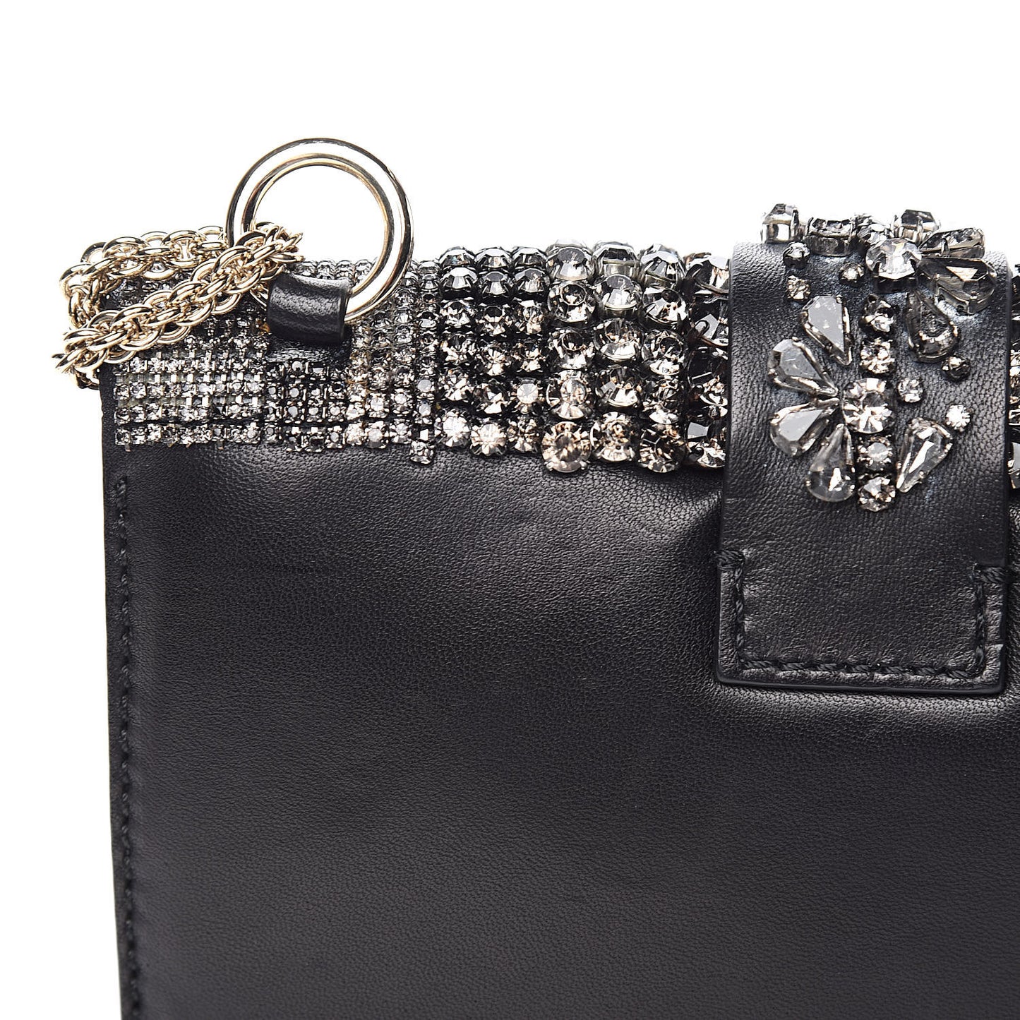Vitello Crystal Embellished Small Glam Lock Rockstud Flap Black