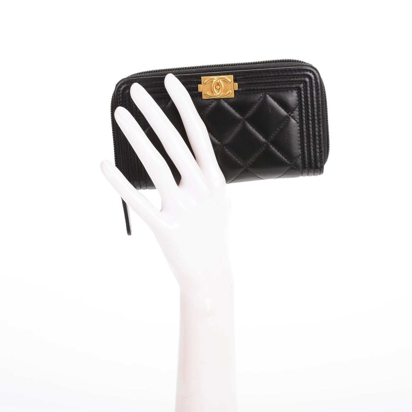 Lambskin Quilted Small Boy Zip Around Wallet Black