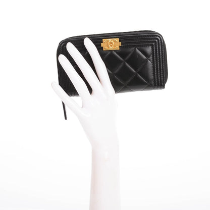 Chanel Lambskin Quilted Small Boy Zip Around Wallet Black 2 of 8