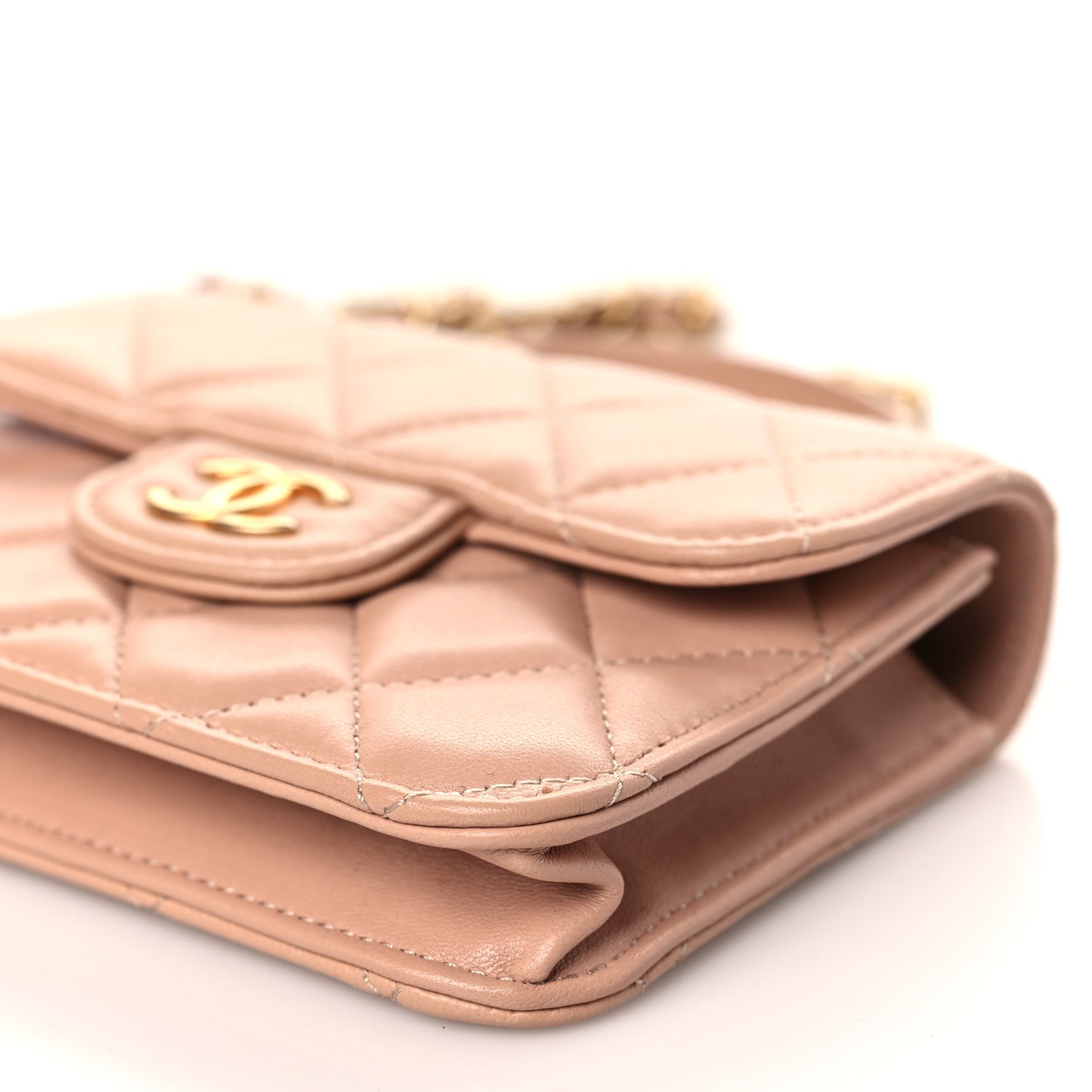 Lambskin Quilted Top Handle Flap Coin Purse With Chain Beige