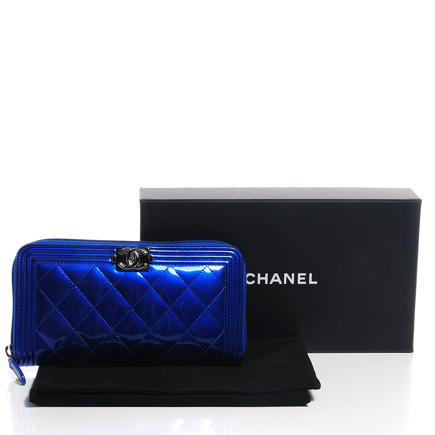 Chanel Metallic Patent Quilted Boy L-Gusset Zip Wallet Blue 5 of 9