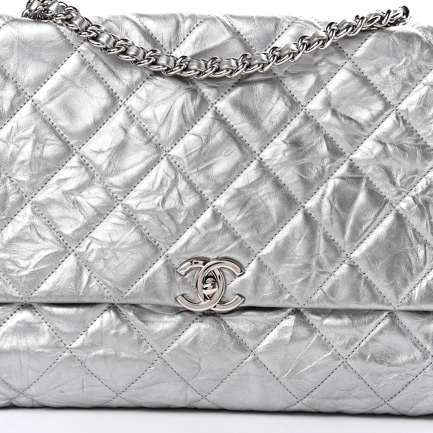 Metallic Crumpled Calfskin Big Bang Large Flap Bag Silver