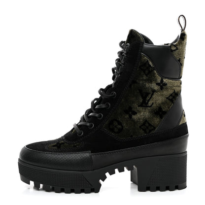 Louis Vuitton Velvet Calfskin Monogram Laureate Platform Desert Boots 37 Black Green 1 of 18