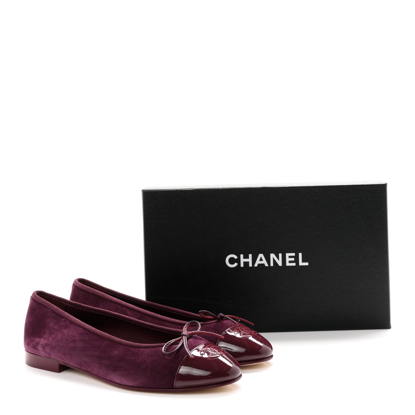 Suede Patent Calfskin Cap Toe CC Ballerina Flats 40 Burgundy