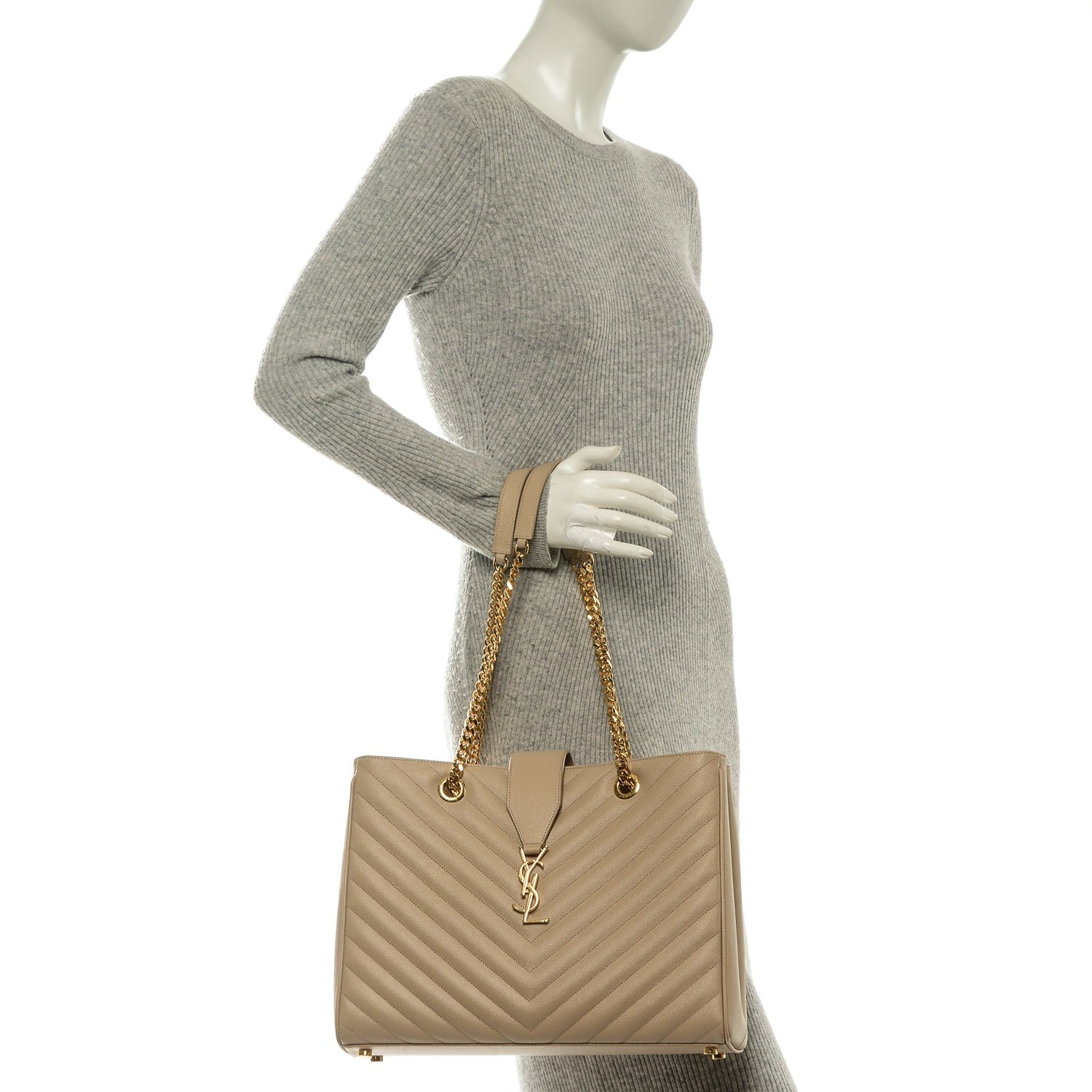 Saint Laurent Grain De Poudre Matelasse Chevron Monogram Shopping Bag Nude Powder 2 of 7