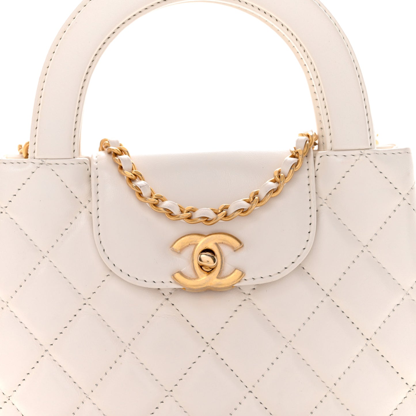 Shiny Aged Calfskin Quilted Nano Kelly Shopper White