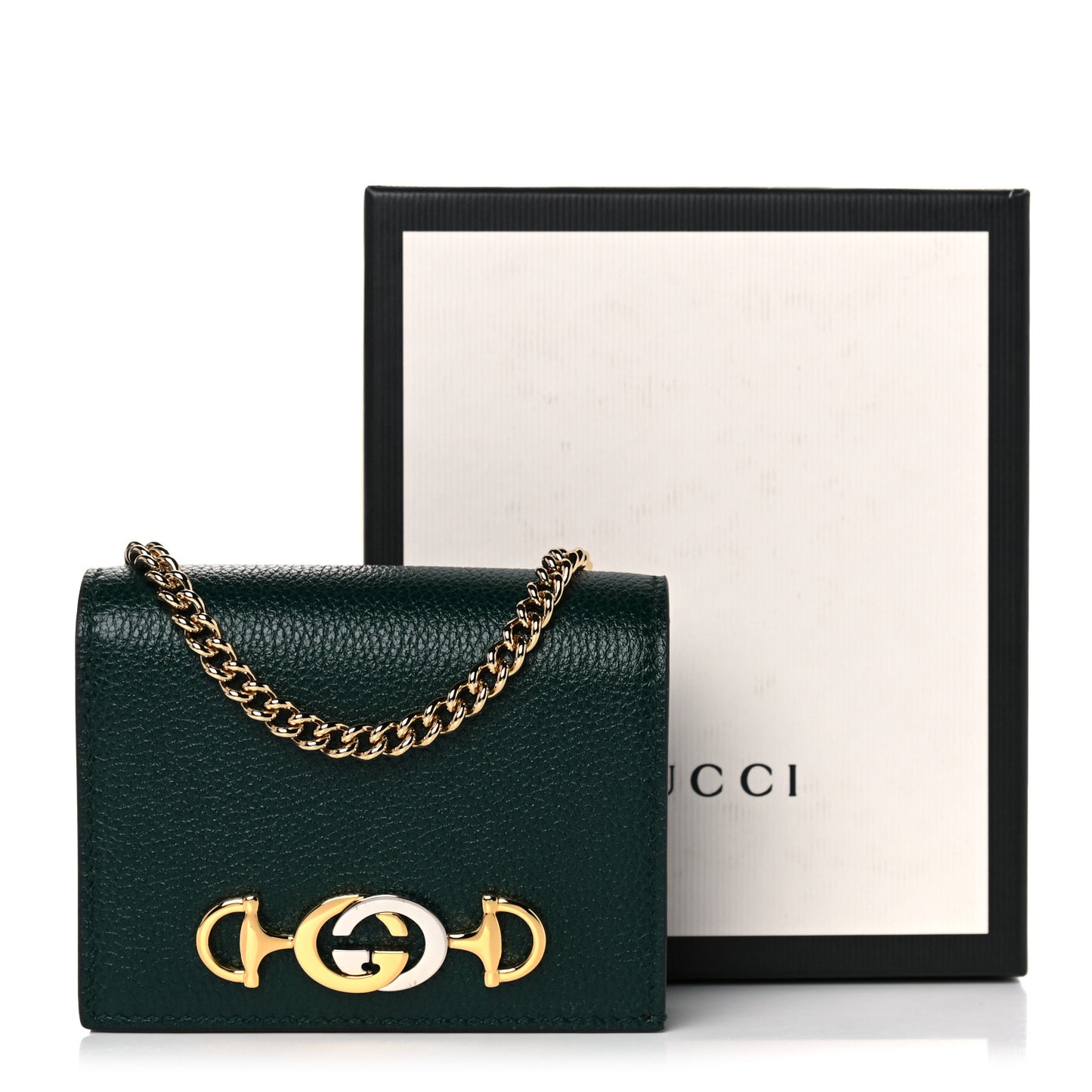 Grainy Calfskin Zumi Chain Card Case Wallet Vintage Green