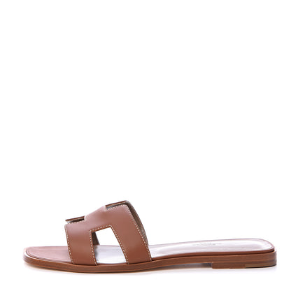 Hermes Box Calfskin Oran Sandals 38.5 Gold 1 of 8