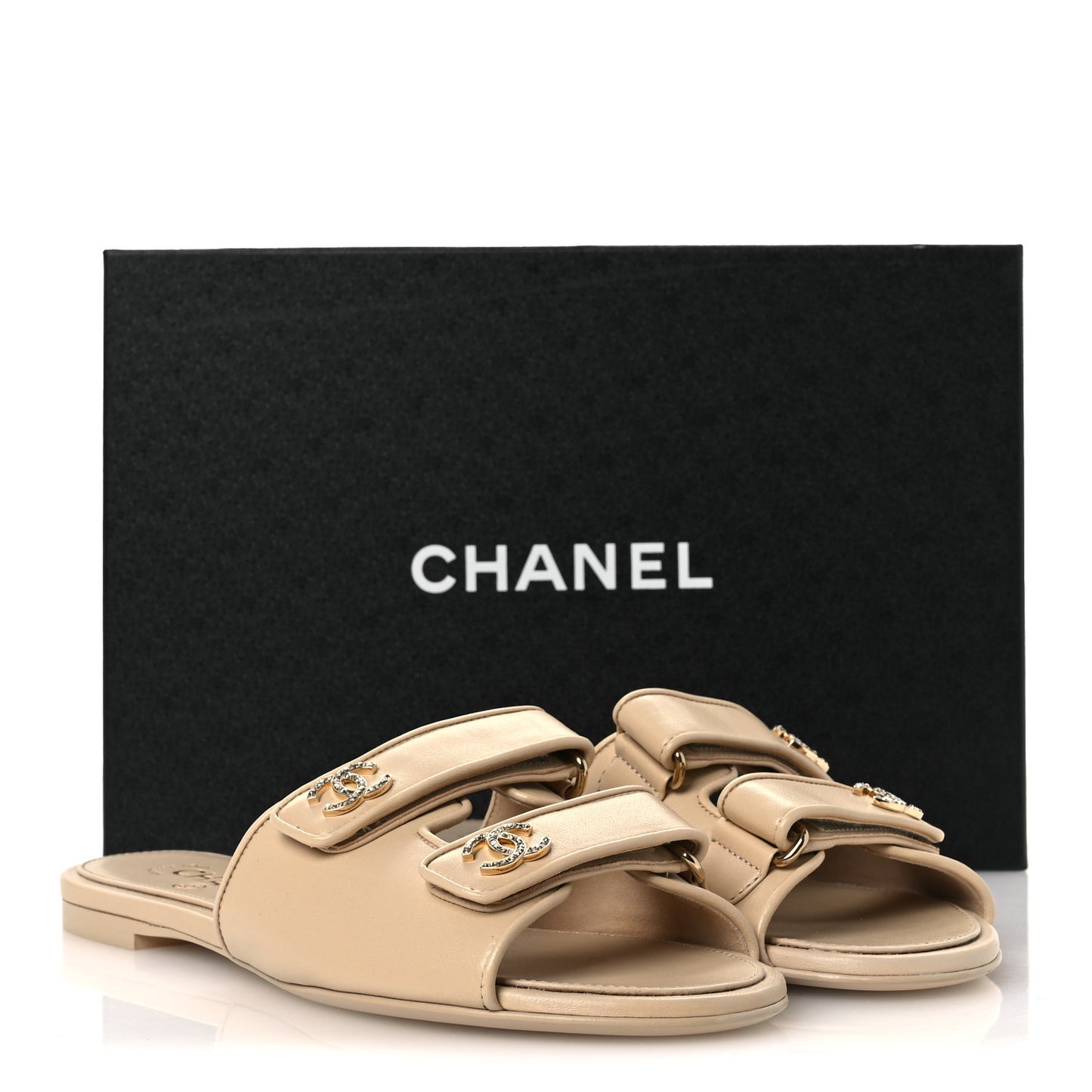 Lambskin Velcro Crystal CC Mules 40 Beige