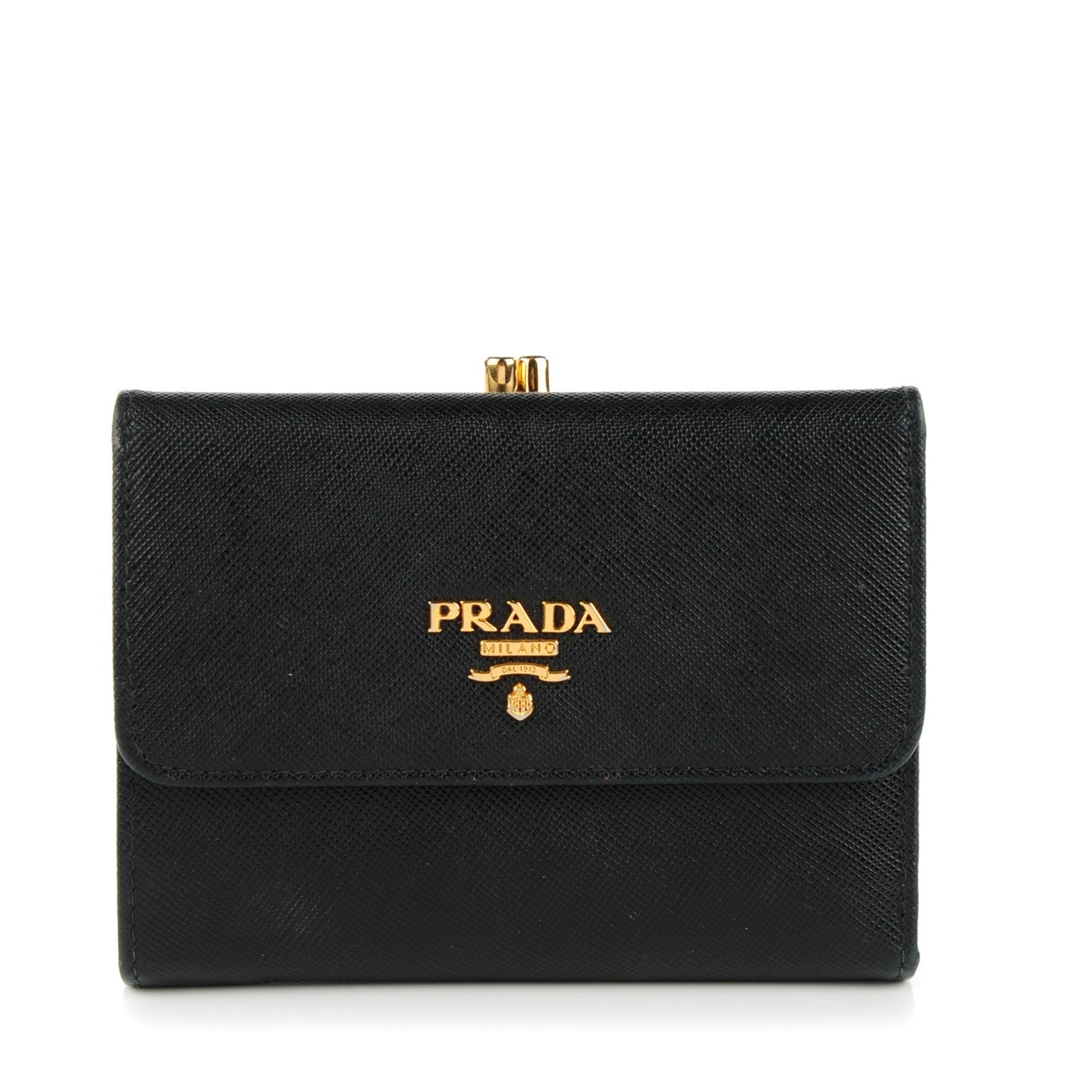 Prada Saffiano Metal Compact Kiss Lock Wallet Black 1 of 4