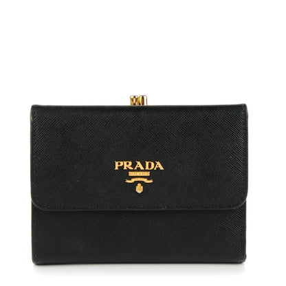 Prada Saffiano Metal Compact Kiss Lock Wallet Black 1 of 4