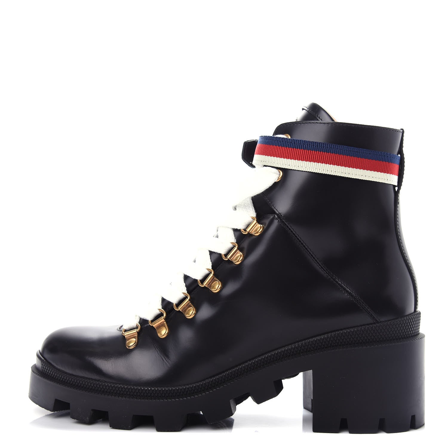 Gucci Calfskin Womens Sylvie Web Lace Up Combat Boots 40 Black 1 of 11