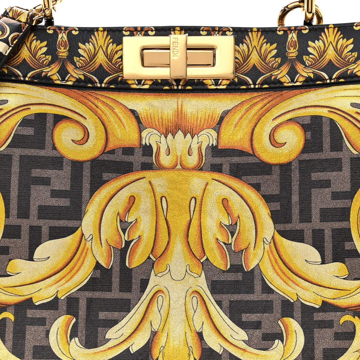 X VERSACE Vitello Seta Nappa Fendace FF Baroque Medium Peekaboo I SEE U Satchel Tobacco Black Gold