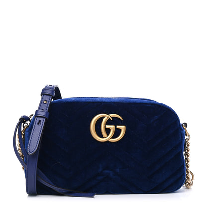 Gucci Velvet Matelasse Small GG Marmont Chain Shoulder Bag Cobalt 1 of 4