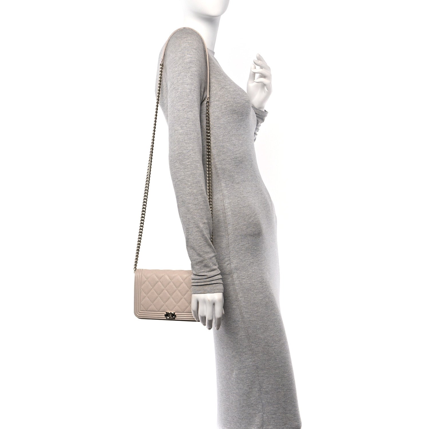Chanel Caviar Quilted Boy Wallet On Chain WOC Light Beige 2 of 12