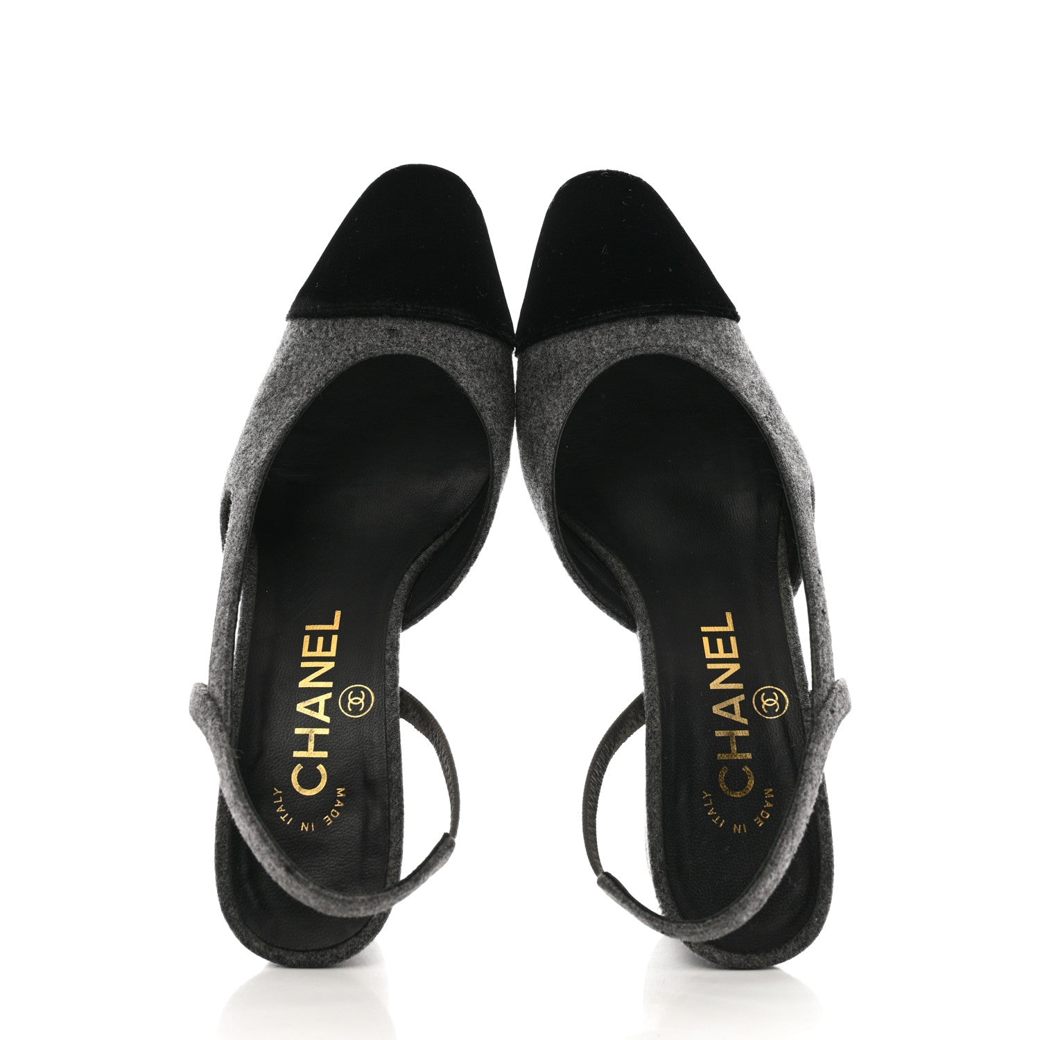 Chanel Wool Velvet Cap Toe CC Slingback Pumps 35 Black Grey 2 of 12