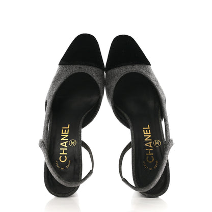 Chanel Wool Velvet Cap Toe CC Slingback Pumps 35 Black Grey 2 of 12