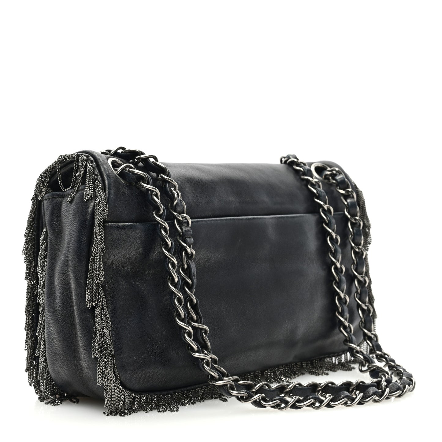 Lambskin Rock And Cabaret Chain Fringe Flap Black