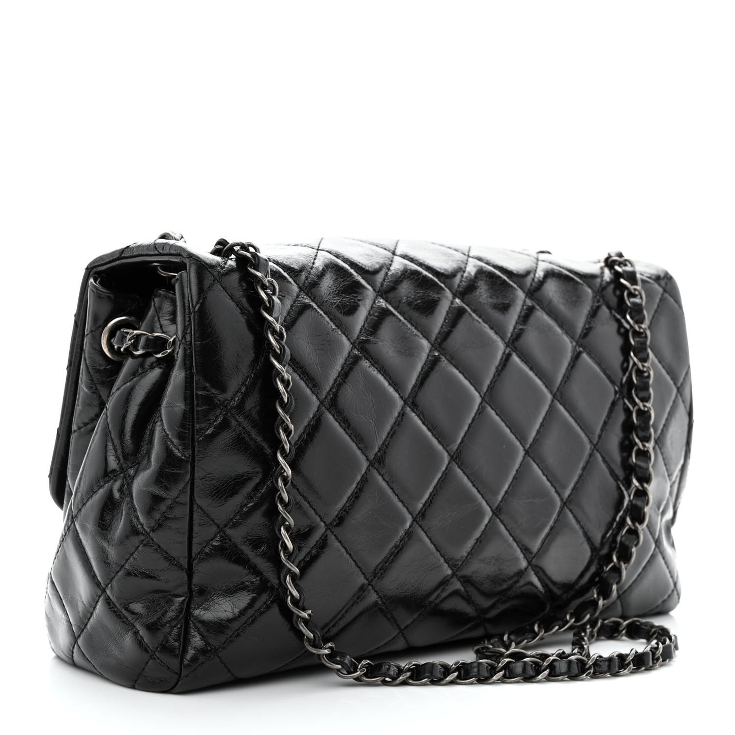 Glazed Calfskin Quilted Large Coco Soft Flap Black