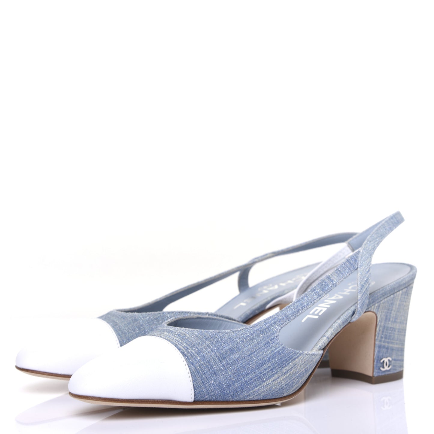 Denim Lambskin Cap Toe CC Slingback Pumps 39 Light Blue White