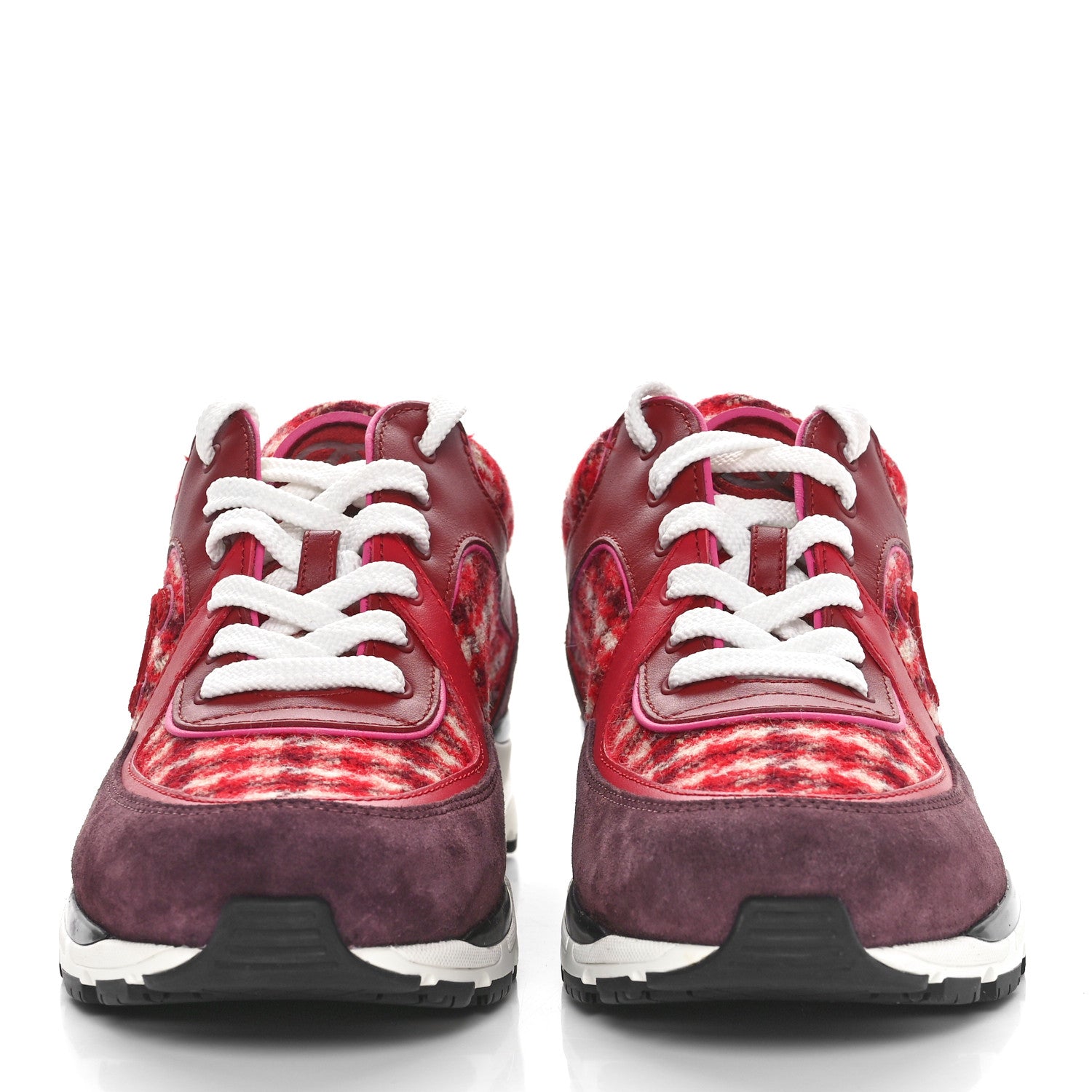 Chanel Wool Tweed Suede Calfskin Womens CC Sneakers 39 Red White Dark Brown Burgundy 2 of 9